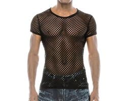 Korte Mouw Mesh Fishnet T-Shirt voor Mannen - Fitted Muscle Top voor Zomer, Club en Workout - Sexy en Transparant Crop Top met Ronde Hals