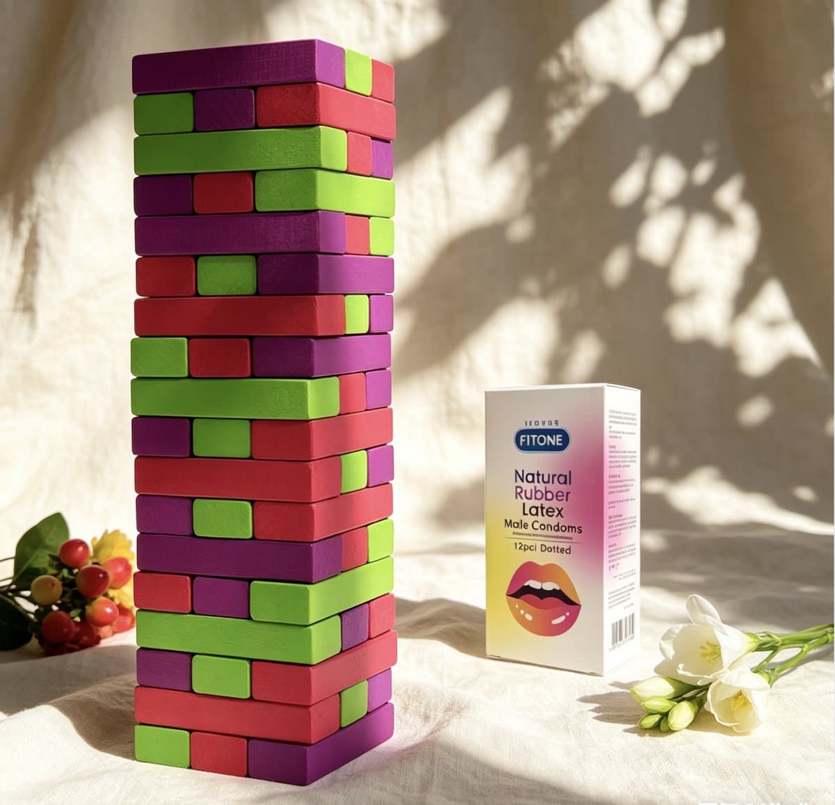 spelletjes voor volwassenen – erotische spelletjes voor koppels – Tower of Pleasure + FiTONE condooms met noppen 12 stuks – date night set — afbeelding 1