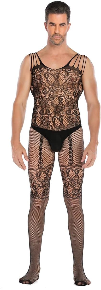 LekkerStout Heren Bodystocking - Zwart - Kant & Jarretel Look - Open Kruis - One Size M-XL | LS089 — afbeelding 1