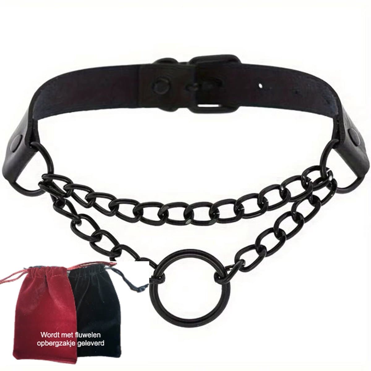 Choker met ring ketting zwart – Gothic PU-leer Halsketting – Verstelbaar – Geschikt voor 40 cm hals — afbeelding 1