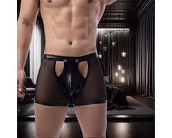 Transparante zwarte heren boxershort met open kruis - maat M - black mesh openable crotch men's boxer shorts - erotische boxershorts mannen ondergoed