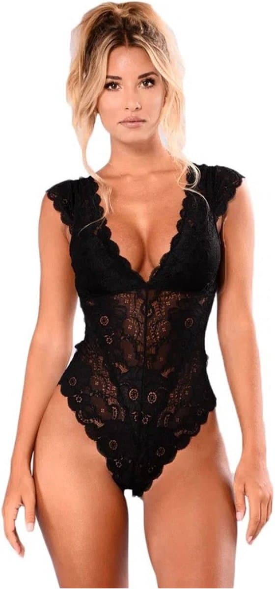 Knaak Kanten Bodysuit Dames - Erotische Body - Sexy Bodysuit - Zwart Kant - 1 stuk - Maat L — afbeelding 1
