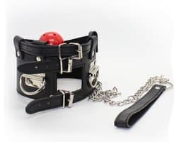 Nooitmeersaai - Zwarte halsband met rode ball gag en riem