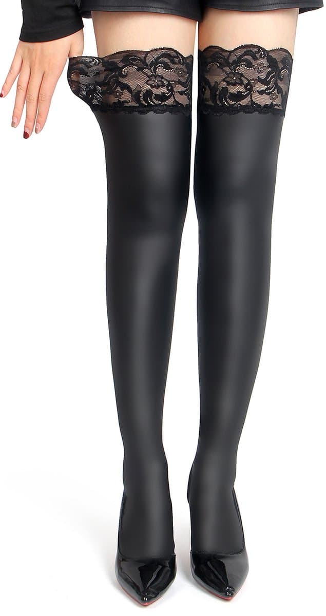 Zeloria Matte Wetlook / PU leer Kousen met Kant Rand – Zwart – Thigh High Stockings met Lace Top – L-XXL — afbeelding 1