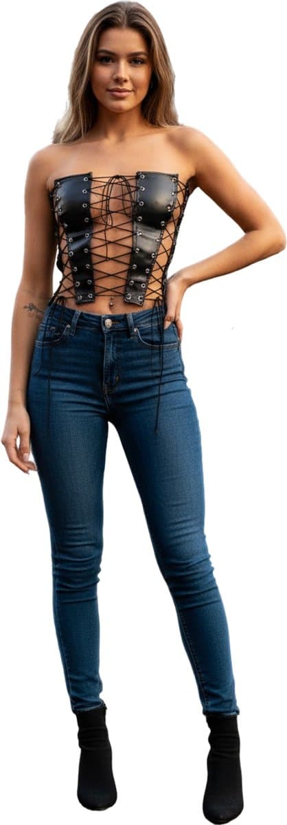 Sexy Corset Top met Vetersluiting - Lingerie - Faux Leder - Dames - Zwart — afbeelding 1