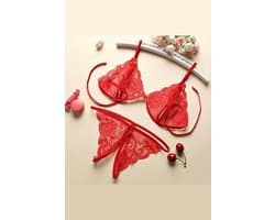 La Nuita Rode Kanten Bh Set Dames - Open Cup Bralette met Strappy Bandjes en String - Sexy Tweedelige Lingerie (S t/m XL)