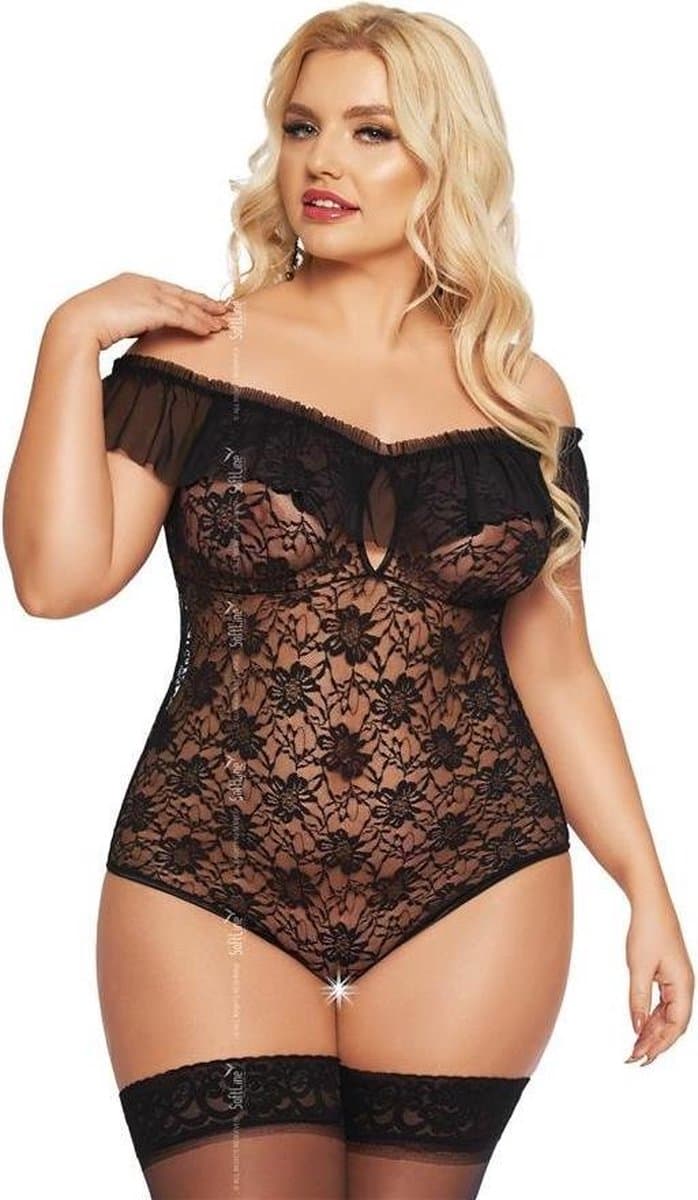 Softline - Kamila - Dames Lingerie Plus Size - Kanten Jurkje - Super Strakke Doorschijnende Chemise - Sexy Kanten Lingerie Set met Bloemen - Grote Maat - Uitdagende Bodystocking - Erotisch Setje - Zwart - XL — afbeelding 1