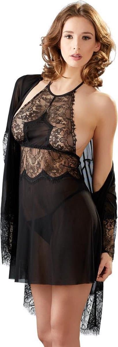 Cottelli Collection – Sexy Negligé met Lingerie en Kimono voor een Slaapkamer Sensatie – Maat S – Zwart — afbeelding 1