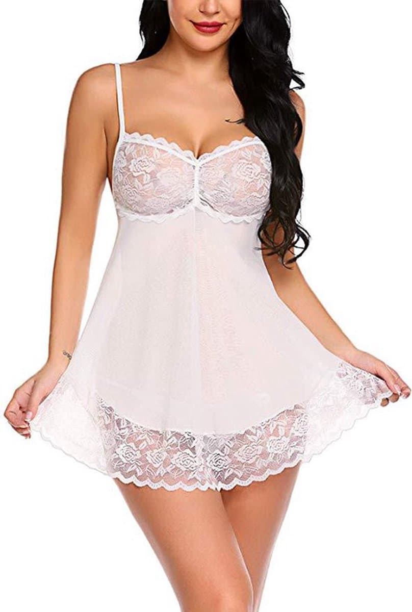 Erotische 2-Delige Lingerieset I Nachtjapon & Slipje I Sexy Kanten Lingerie Set I Maat L I Wit — afbeelding 1
