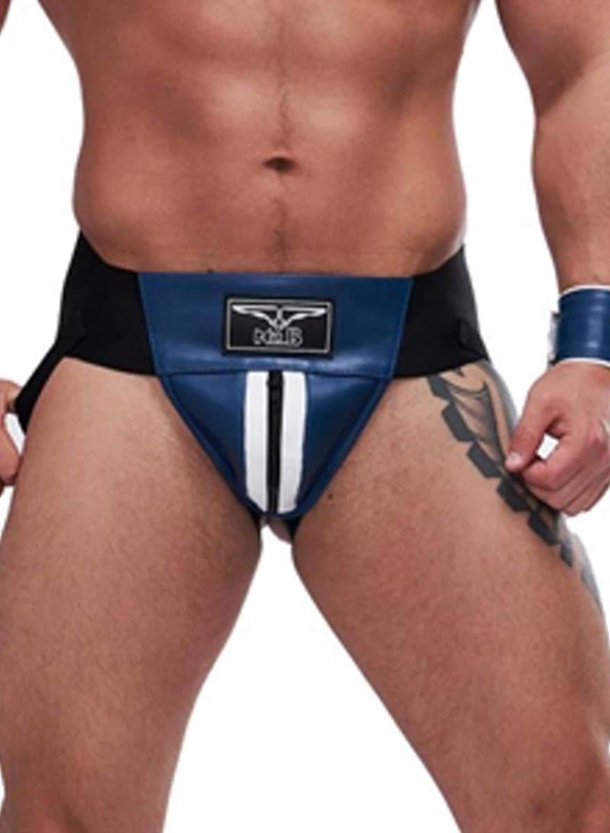 Mister B leren circuit jockstrap blauw met witte bies - large — afbeelding 1