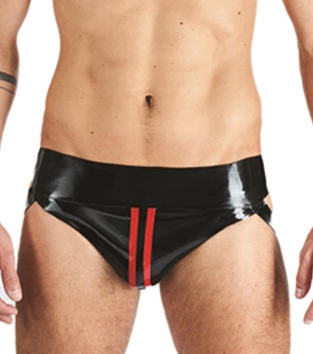 Mister B Rubber Jock Strap Zwart met rode streep - small — afbeelding 1