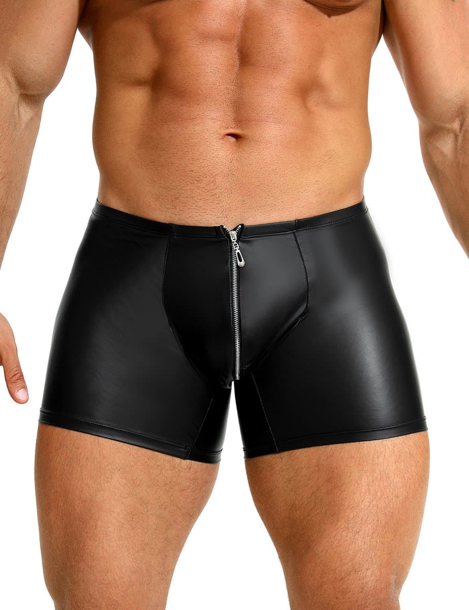 Zwarte heren boxershorts met rits - maat M/L - black sexy PU leather men boxers with zipper underwear -BDSM -mannen boxer clubwear heren ondergoed erotiek — afbeelding 1
