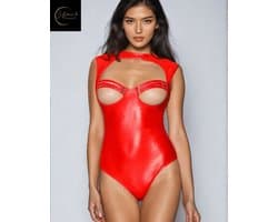 Sexy Lingerie Body Dames – Luxe Lingerie – Rood – Wetlook Lingerie met Cut-Out Detail – Lak – Latex – Erotische Lingerie – Bodysuit – Lingerieset – Kinky – Erotische Body – BDSM – Shapewear Corset – Leer – PU Top – Dare to Undress Maat S, M, L, XL