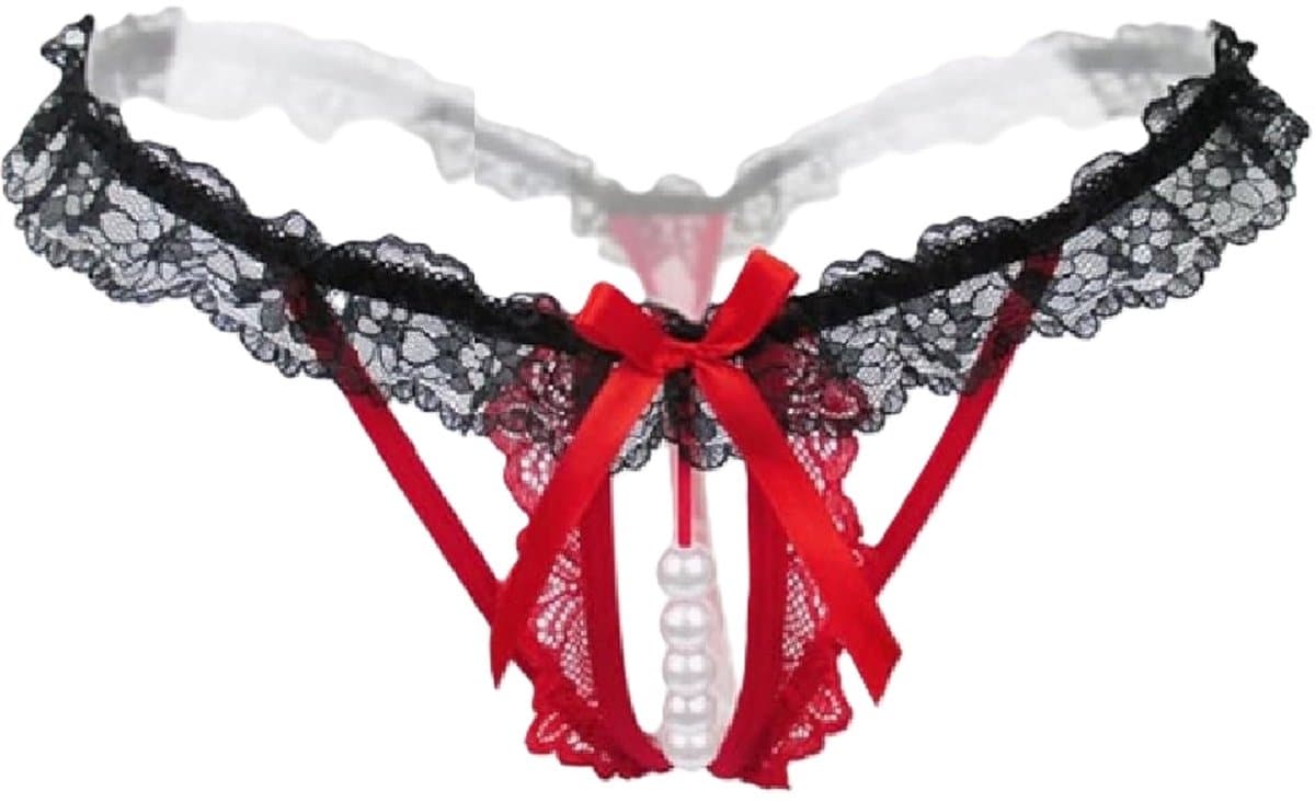 Erotische Lingerie Slipje I Sexy Slipje Met Parels I Sexy String I Open Kruis I Erotisch Ondergoed I Rood/Zwart — afbeelding 1
