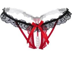 Erotische Lingerie Slipje I Sexy Slipje Met Parels I Sexy String I Open Kruis I Erotisch Ondergoed I Rood/Zwart