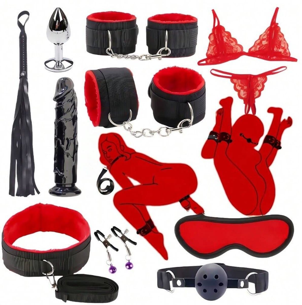 Oneay BDSM Bed Bondage Set - 10 Delig - SM Handboeien - Bedboeien - Enkelboeien - Springzweep - Blinddoek - Sex Toys voor Koppels - Seksspeeltjes voor mannen en vrouwen - Rood — afbeelding 1