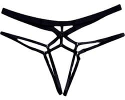 Sexy String Zonder Stof - Zwart - Transparant - Open Kruis - Bondage Riem - G-String Tuigje - Erotisch - Lingerie / Ondergoed - Maat XL