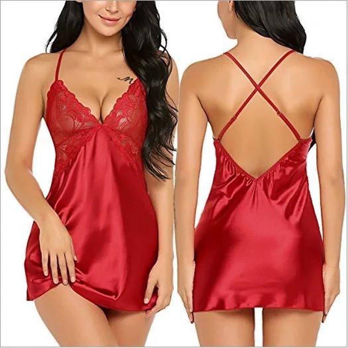 LOUZIR Satijnen nachtjurk- sexy lingerie- nachtjapon- Nachtkleding- rood — afbeelding 1