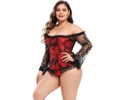 Corset Dames Rood Zwart Kant – Plus Size Lingerie – Lange Mouwen Sexy