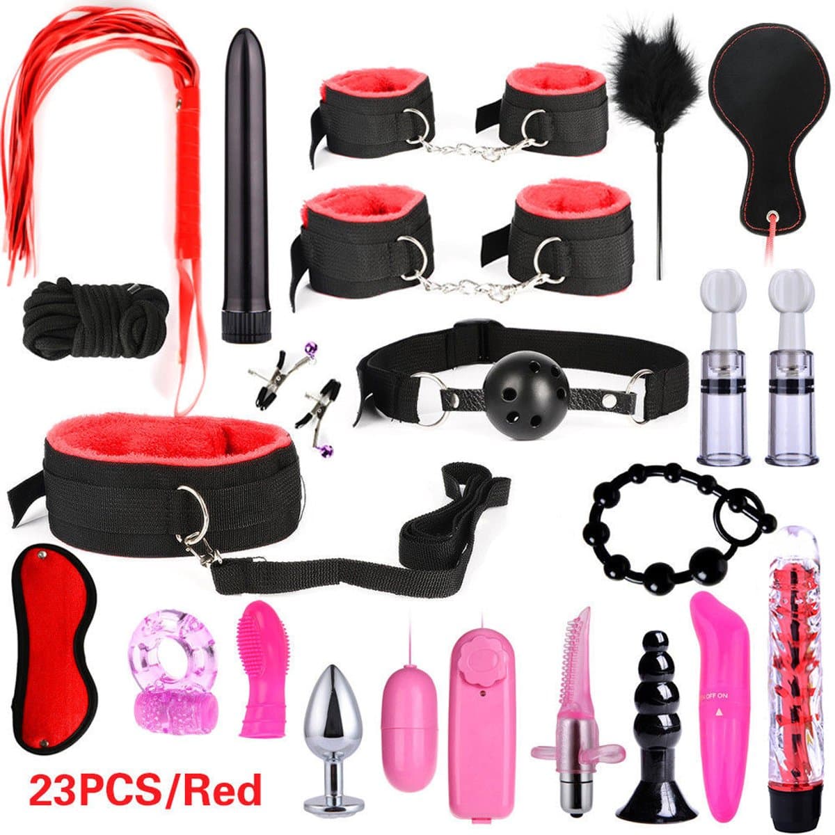 Oneay Luxe BDSM Set voor Koppels - 23 Delig - Bondage - Oogmasker – Zweep – Tepelklemmen - BDSM Extreme – Sex Toys Couples – Verstelbaar - Rood — afbeelding 1