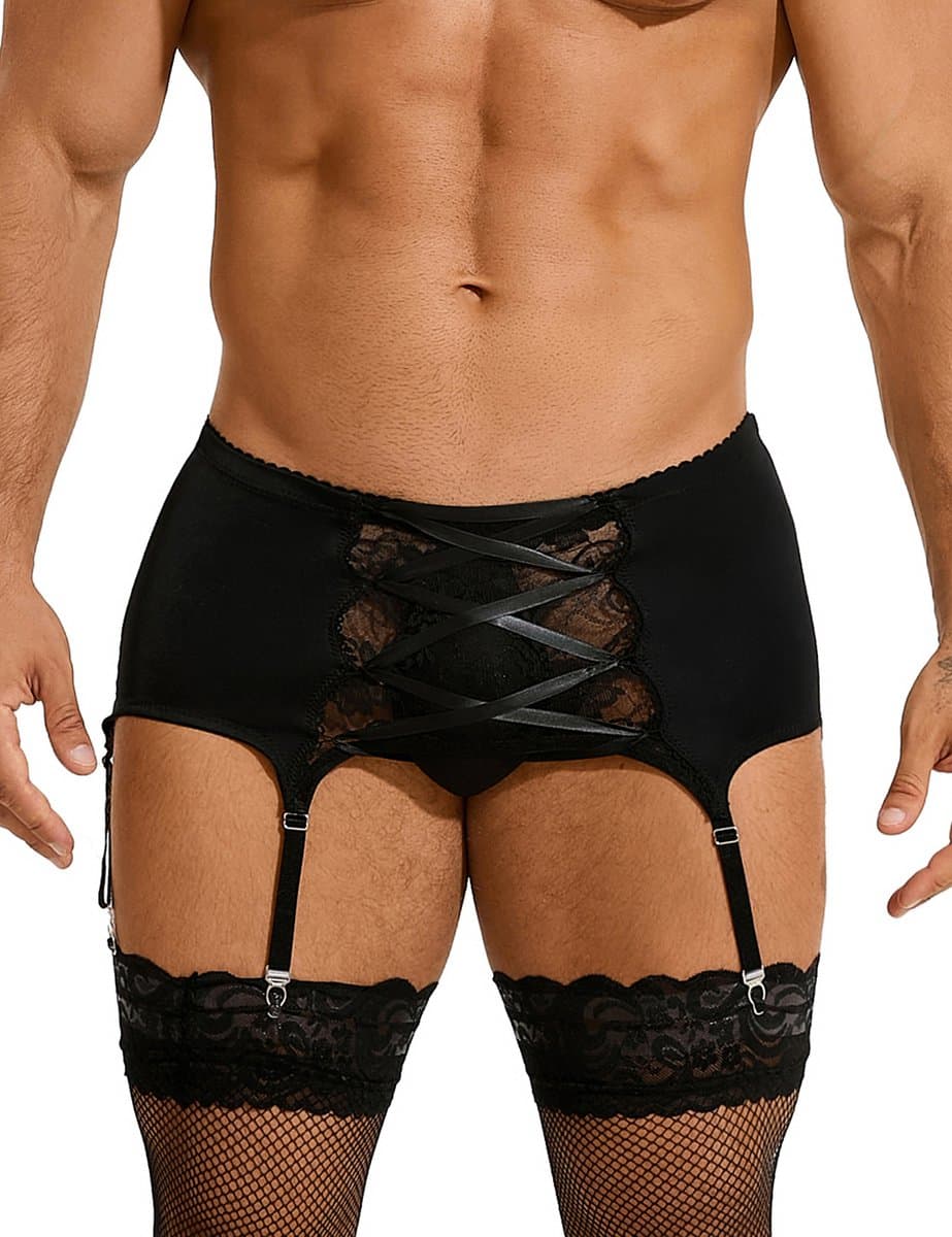 Zeloria Heren Jarretel Boxer Kant – Erotische Lingerie met Bandjes – Zwart – S – Exclusief Kousen — afbeelding 1