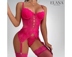 Elana – Amara – Verleidelijke Kanten Bustier Set met Kousen en Slip – Sexy Dames Lingerie – Roze - L