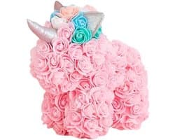 Roze Teddybeer - Bloemenpop - Cadeau geven - Handgemaakt - 25x24x15 cm - Roze