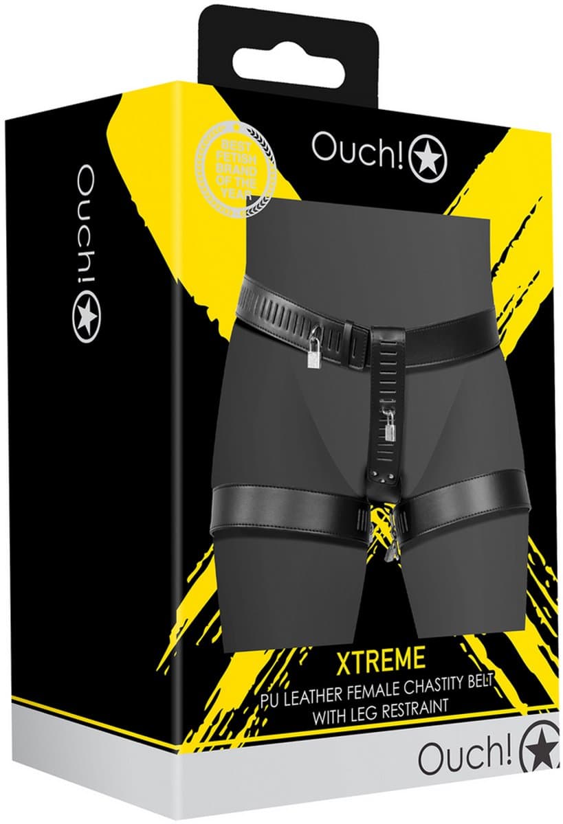 PU Leather Female Chastity Belt with Leg Restraint - Black — afbeelding 1
