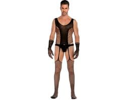 LekkerStout Heren Jarretelbody - Handschoenen - Zwart - Sexy Herenlingerie | M-XL | ( LS159 )