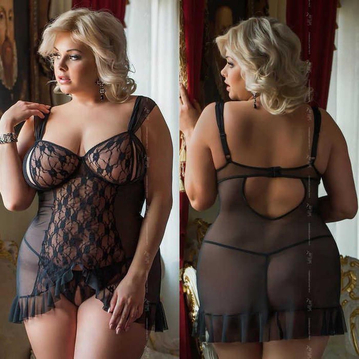 Softline - Bianca - Dames Lingerie Plus Size - Kanten Jurkje - Super Strakke Doorschijnende Chemise - Sexy Kanten Lingerie Set met Bloemen - Grote Maat - Uitdagende Bodystocking - Erotisch Setje - Zwart - XL — afbeelding 1