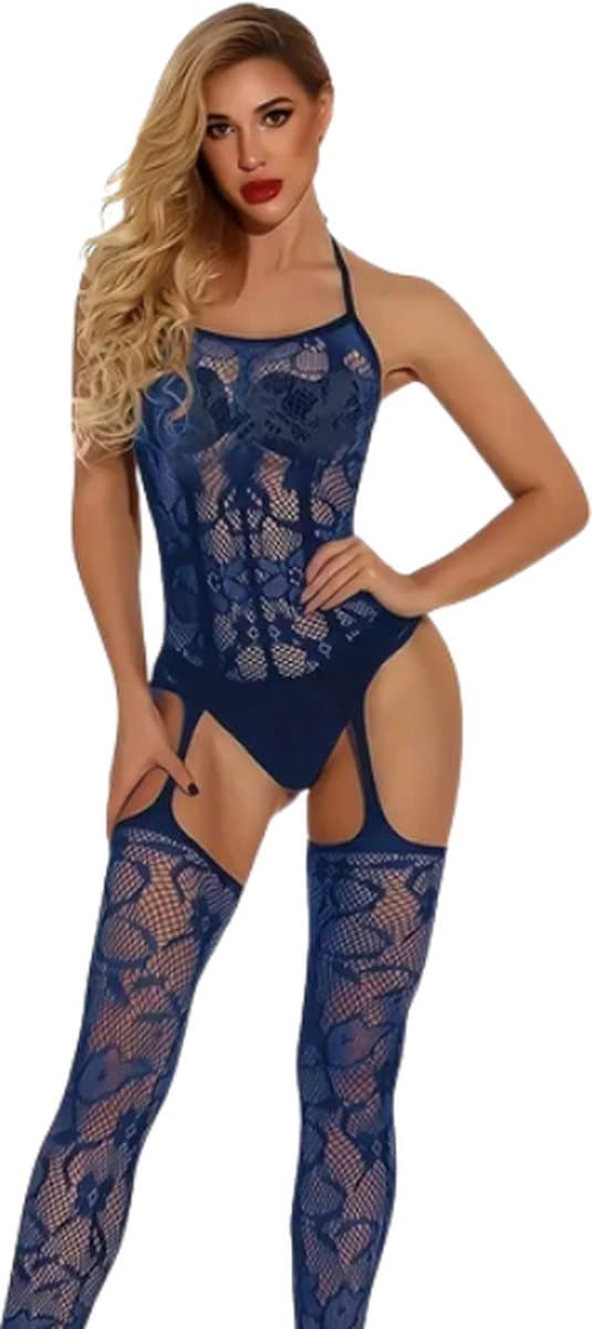 LekkerStout Plus Size Jarretel Bodystocking - Navy Blue - Sexy Lingerie | M-XL | ( LS090 ) — afbeelding 1