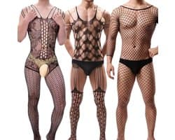 LekkerStout Visnet Bodystockings - 3-Pack - Open Kruis - Zwart - Sexy Herenlingerie | M-XL | ( LS102 )