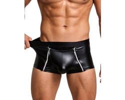 Sexy Heren Boxer Lederlook met Dubbele Rits - PU Wetlook Open Kruis Boxershort Mannen - Fetish & Clubwear - Maat XL