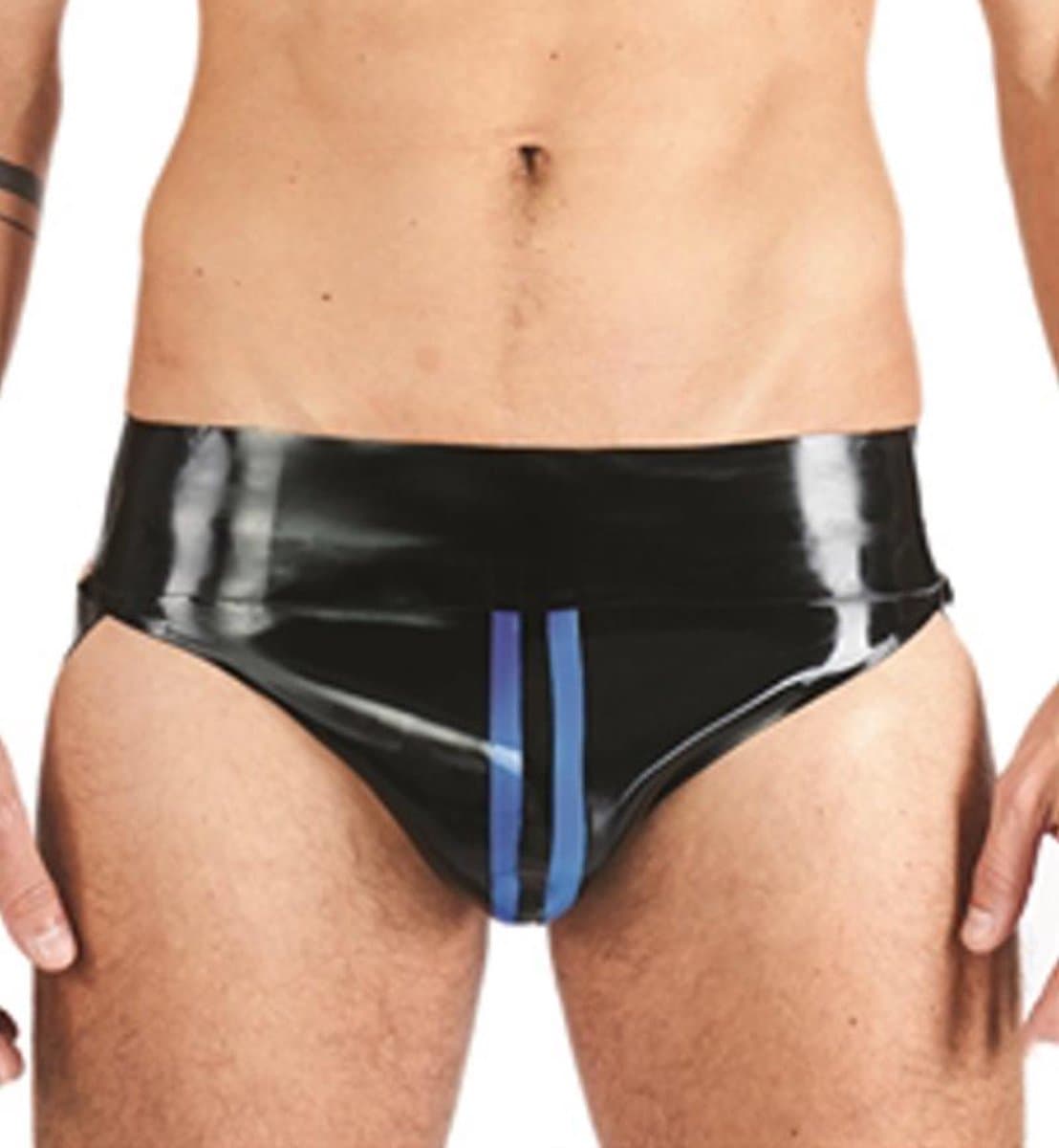 Mister B rubber jockstrap zwart met blauwe bies - medium — afbeelding 1