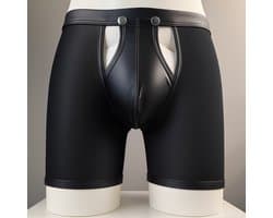 Heren Boxer met Lange Pijpen en Open Kruis - Mesh / PU Leder - Zwart - Maat L | LS067