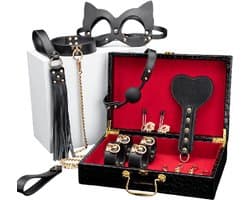 BDSM Luxe koffer - BDSM Reisset - leren koffer - Spankplank - Handboeien - Halsband met Riem - cat mask - Ball Gag - zweep - luxe koffer - goud - zwart