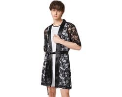 Doorschijnende zwarte badjas Heren Lingerie - Luxe sexy nachtjapon - Slaap kleding - Met riem - Badjas