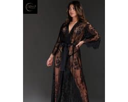 Luxe Erotische Kimono Dames – Sexy Lingerie – Lingerie Erotisch – Zwart – Transparante Kant Kimono – Verleidelijke lingerie & ochtendjas – High End – Chique – Clubwear – Satijnen Strikceintuur– Elegante Nachtkleding – Dare to Undress – S, M, L, XL