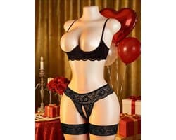 Luxe 2-Delige Kanten Lingerie Set Zwart – Open Cup 1/4 Push-up Beugel BH & Open Kruis String - Erotische Lingerie Maat S/M