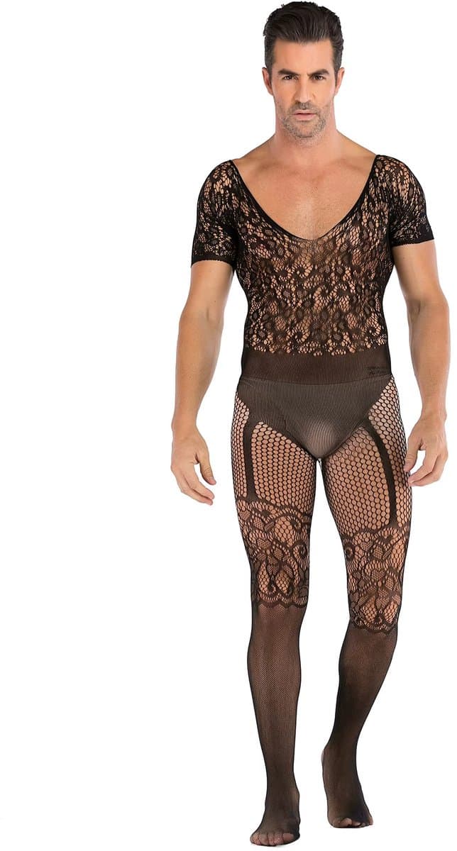 LekkerStout Heren Bodystocking - Zwart - Kant & Korte Mouwen - Open Rug - One Size M-XL | LS141 — afbeelding 1