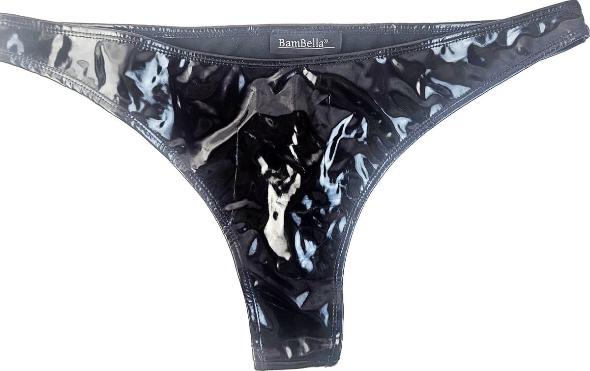 BamBella® Erotische slip- Maat S/M - Wetlook String Dames - Zwart Datex mix latex en stof ondergoed Sexy BDSM kleding — afbeelding 1