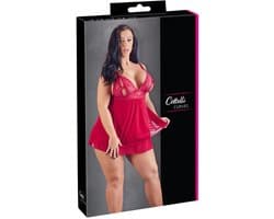 Cottelli Plus Size – Erotische Babydoll met Kanten Buste Motieven en Open Cups – Maat XL – Rood