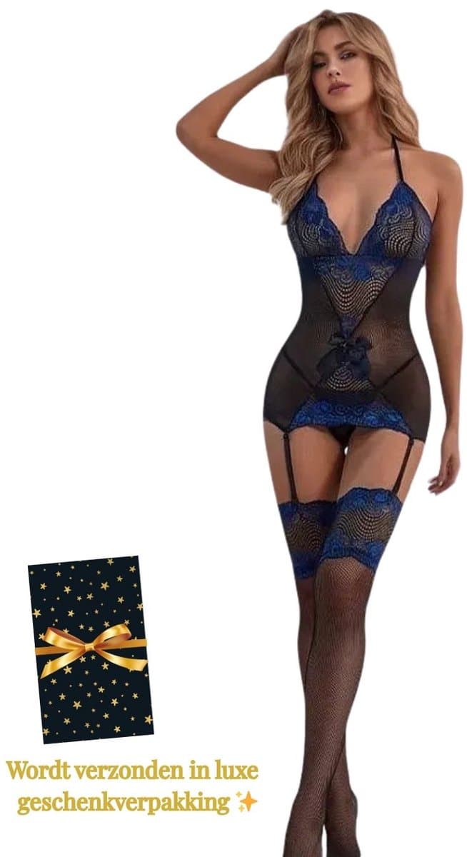 Sexy Lingerieset Dames – Erotische Lingerie – Jarretel Jurkje met Kousen – Zwart & Blauw Kant – Catsuit Erotisch – Lingerie Setje met Jarretels – Verleidelijke Lingerie – Sexy Boudoir Look – Kinky en Luxe – Dare to Undress – One Size — afbeelding 1