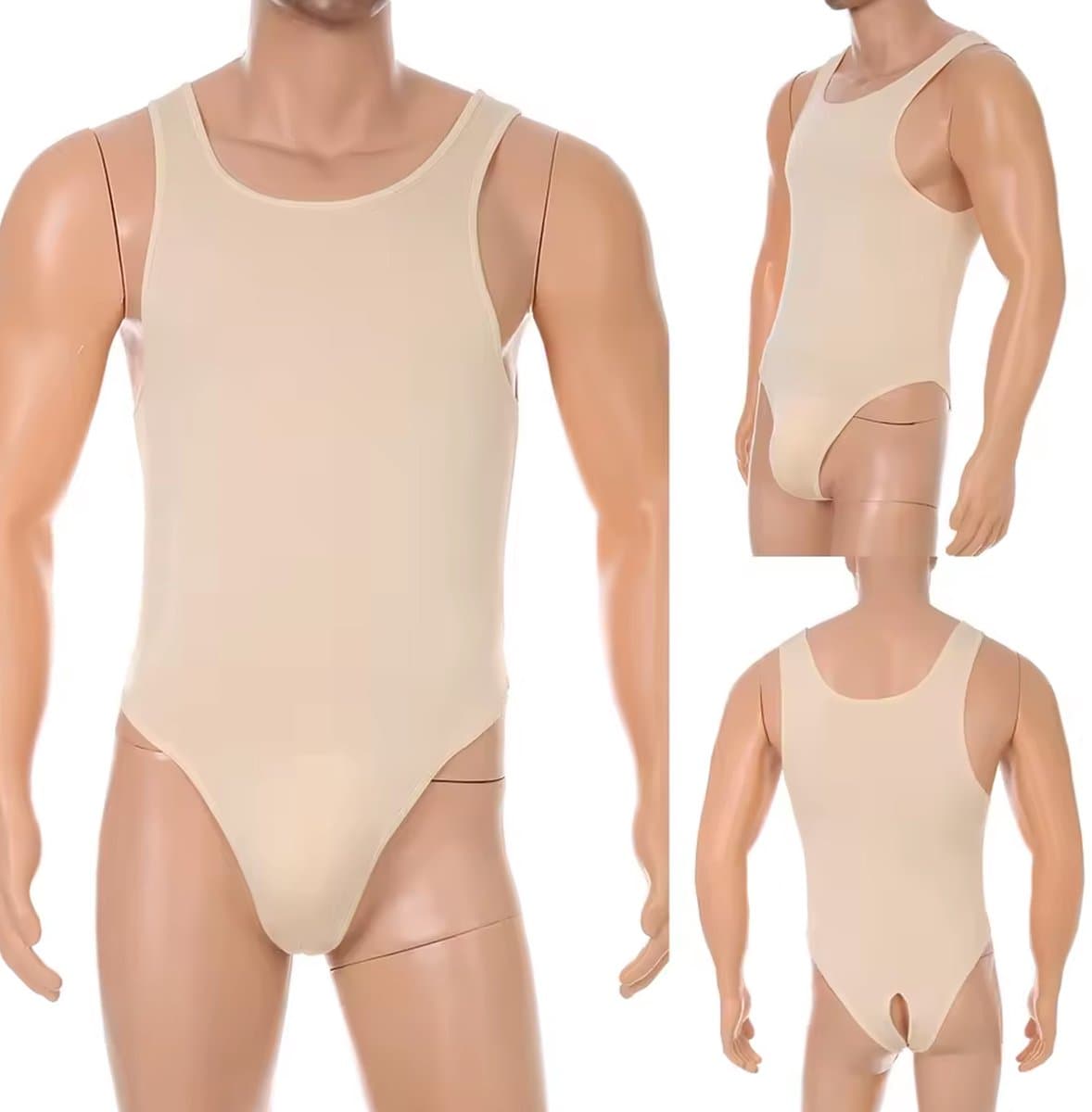 Open Billen Bodysuit Heren - Lingerie - Gay - Beige - Shirt - Anus — afbeelding 1
