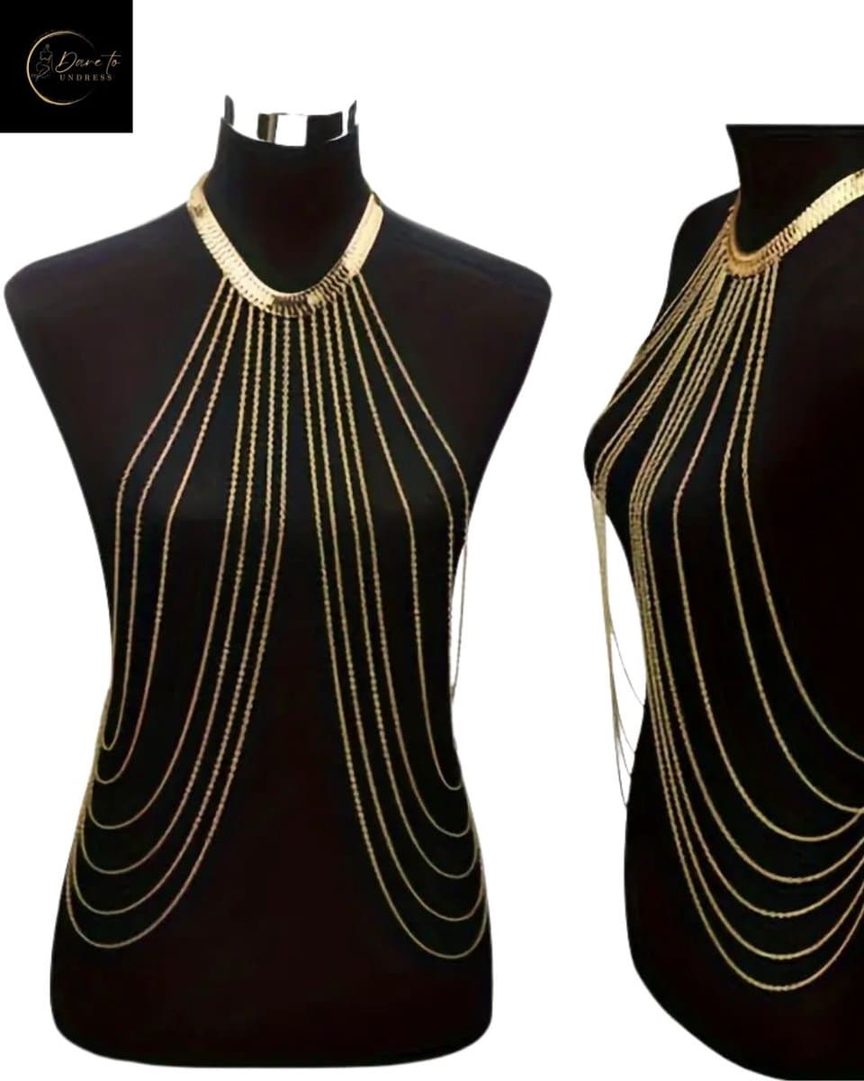Erotische Bodychain met Luxe Giftbag – Sexy Halsketting – Goud – Erotisch Lichaamssierraad – Lingerie Accessoire – Lingerie, Festival & Clubwear – Body Harnas – One Size – Premium Kwaliteit | Dare to Undress — afbeelding 1