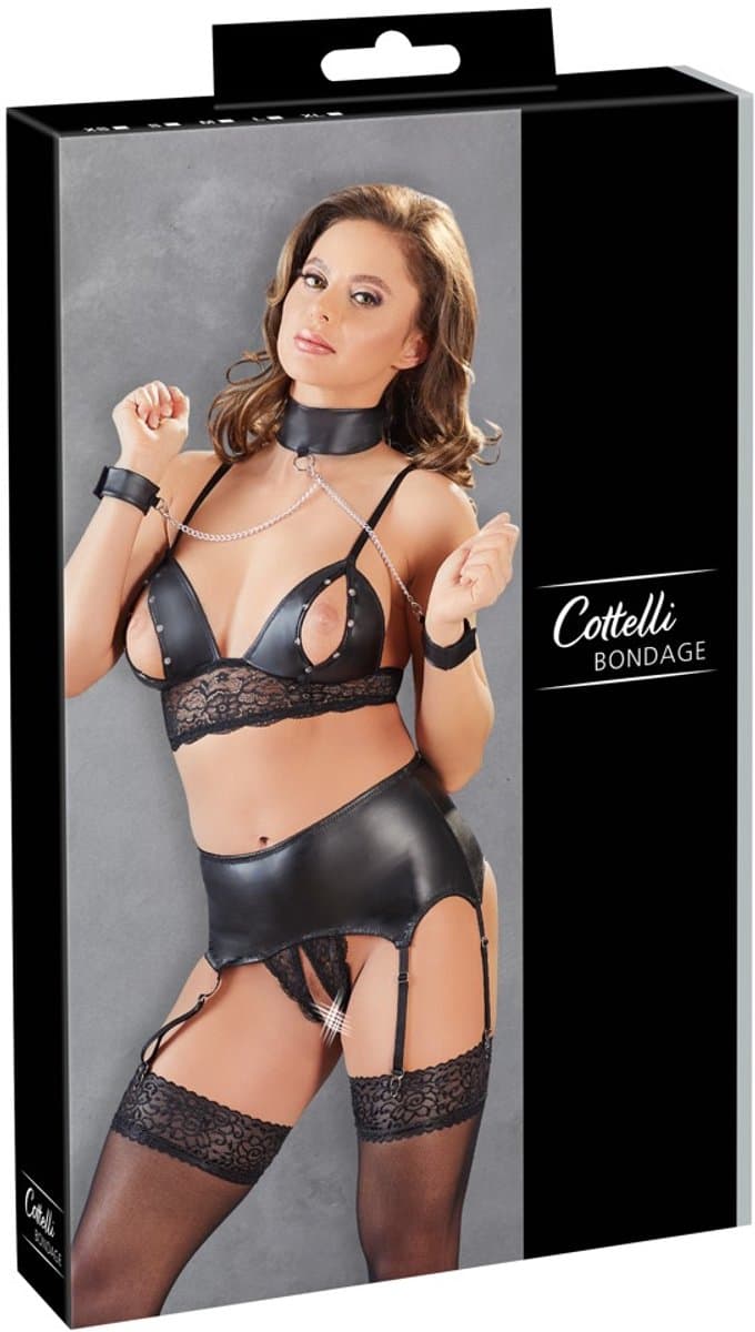 Cottelli Collection – Wetlook Suspender Set met Hals/Pols Boeien en Lingerie voor Bondage Avonturen – Maat M – Zwart — afbeelding 1