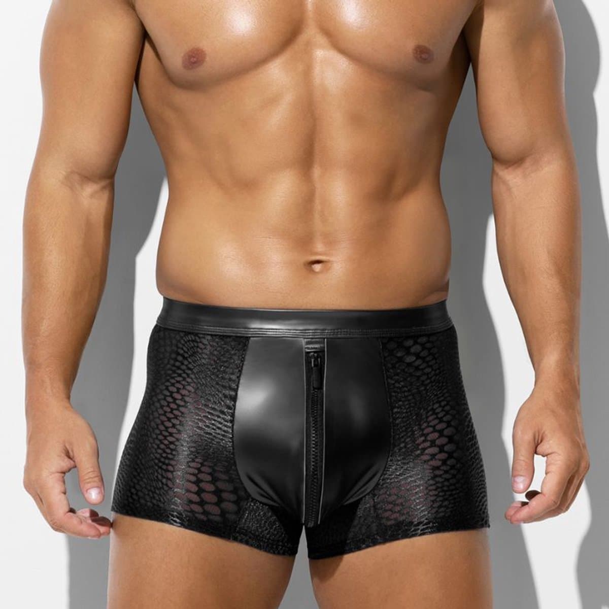Zwarte Low Rise Heren Boxer met Rits – Ademend Mesh & PU-Leren Front – Sexy Stretch Ondergoed voor Mannen- Maat XL — afbeelding 1