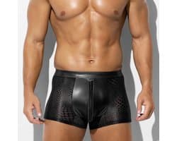 Zwarte Low Rise Heren Boxer met Rits – Ademend Mesh & PU-Leren Front – Sexy Stretch Ondergoed voor Mannen- Maat XL