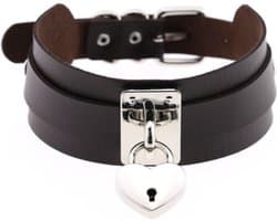Zwart leren choker met slotje + sleutel (hartvorm) - ketting - verstelbaar - One Size fits all - PU - nekketting - kinky