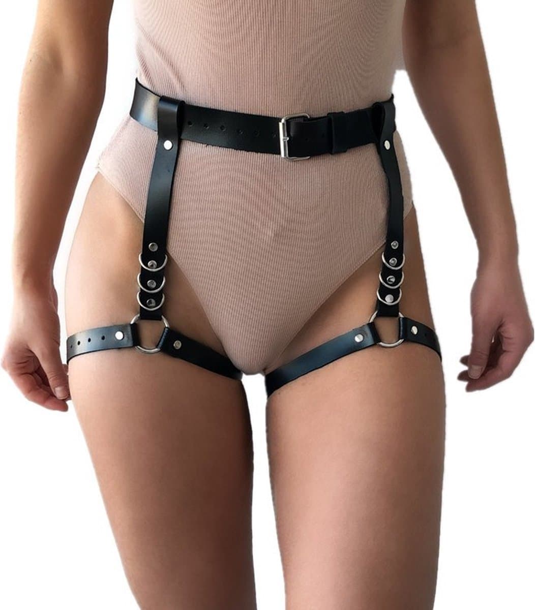 Nooitmeersaai - Harnas Vrouw - Leer - Harnas Met Beenboeien - Zwart - One Size - BDSM - Bondage Harnas — afbeelding 1